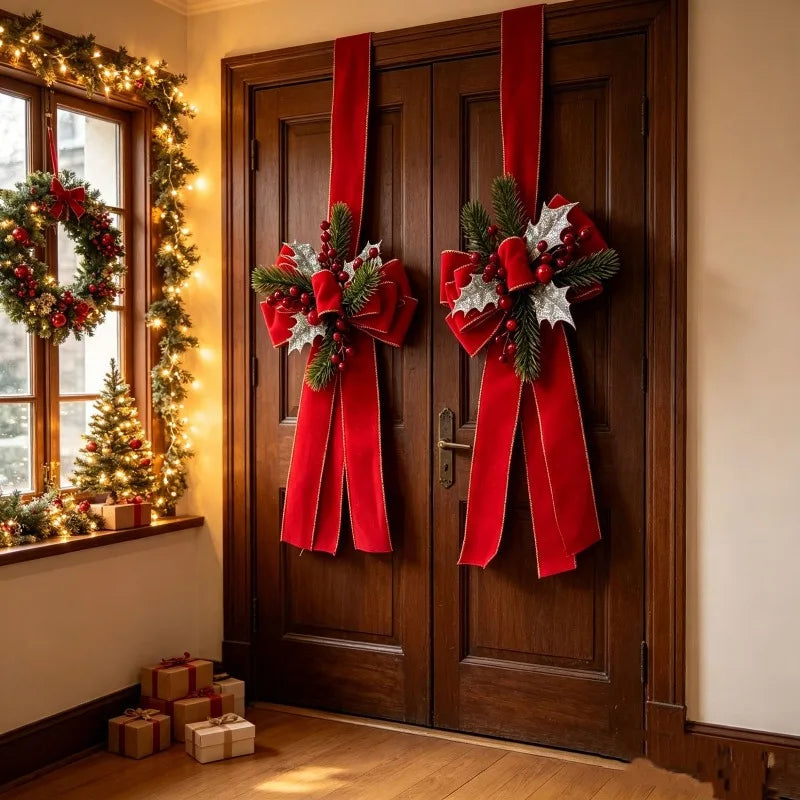 Decorazioni Natalizie per Porta con Fiocchi, Rami di Pino e Bacche Rosse, Pendente Natalizio 2027