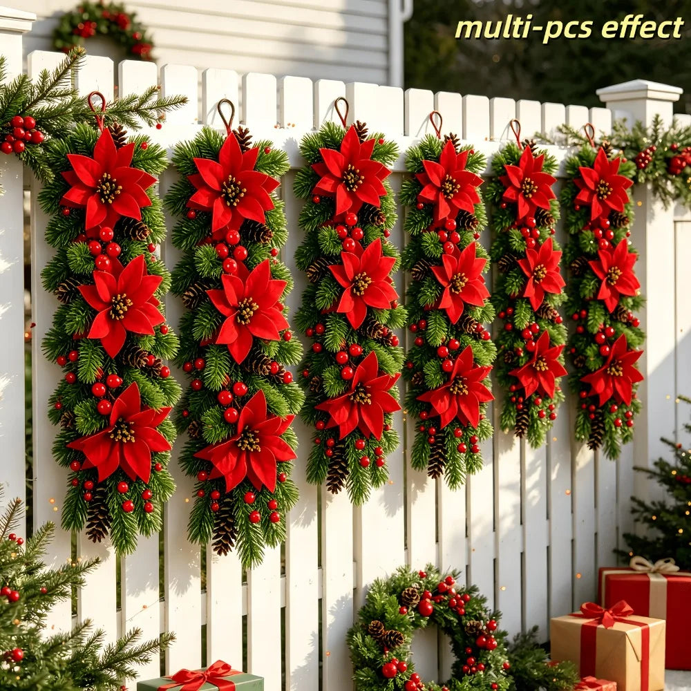 Fiori di Poinsettia Artificiali per Natale, Decorazioni Festive con Rami di Pino Artificiali per Porte e Finestre di Natale