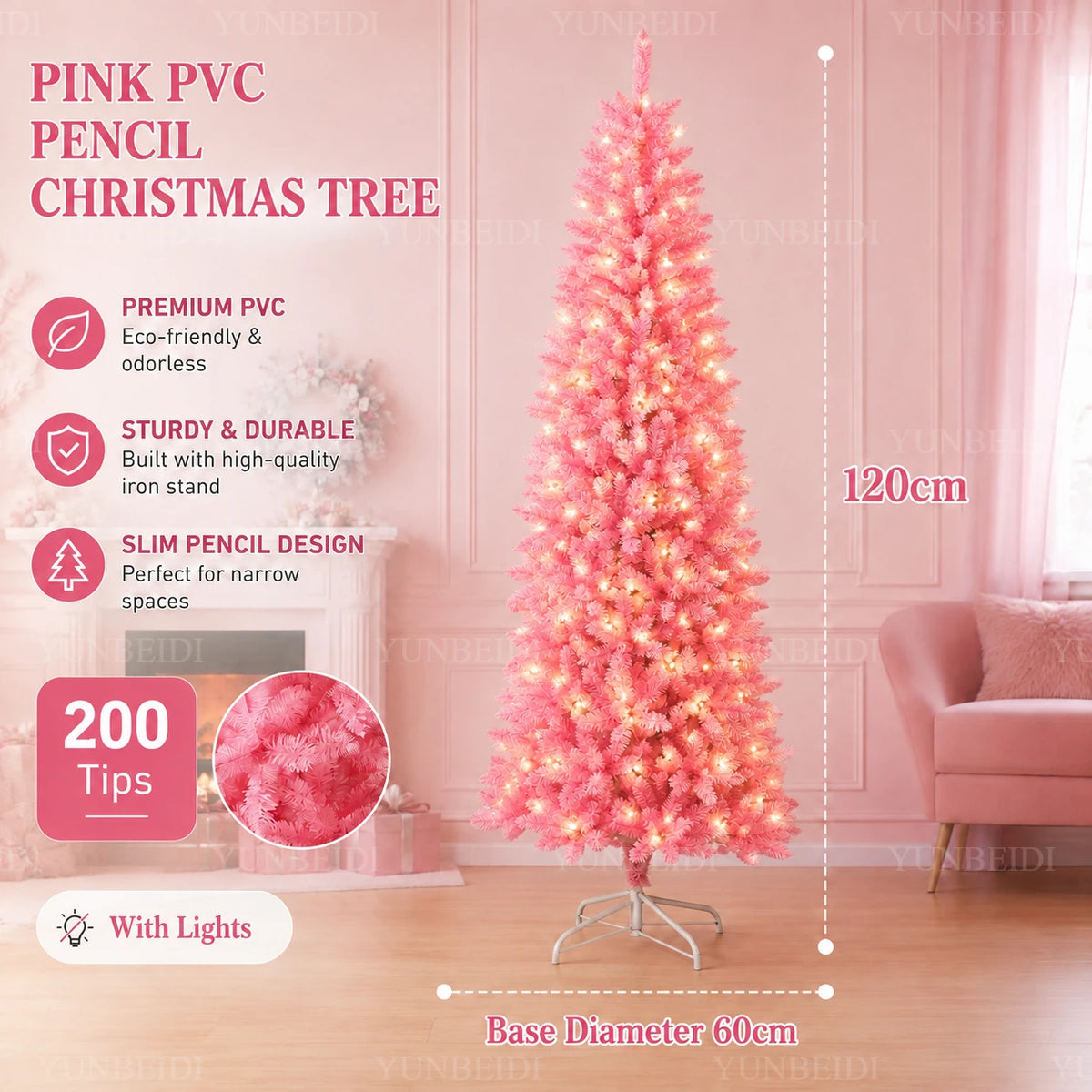 Albero di Natale Rosa a Forma di Matita, Albero Artificiale Sottile in PVC, 120-210 cm, Supporto in Metallo Bianco Opzionale, Decorazione Natalizia con LED USB Bianco Caldo