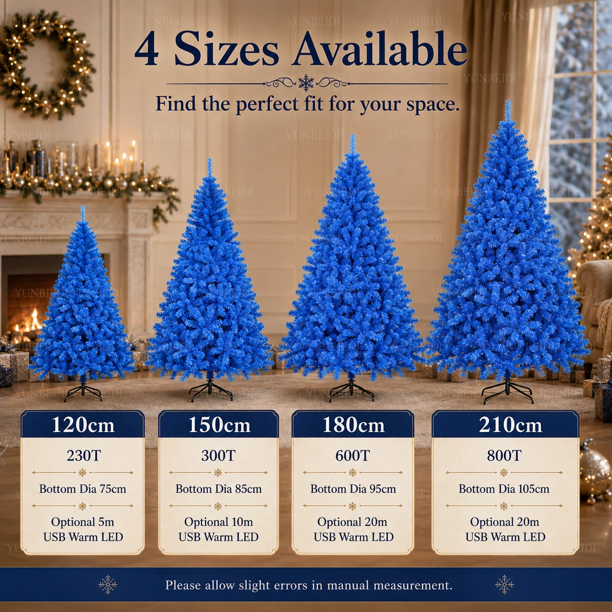 Lussuoso Albero di Natale Blu Artificiale con Rami in PVC e Luci LED Calde, Tema Neve, per Decorazioni Natalizie e Feste in Casa