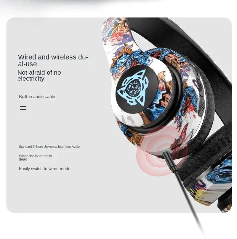 Nuovi Auricolari LED Stile Graffiti Bluetooth Cablati e Wireless, Pieghevoli con Bassi Potenti, Stereo HIFI per Musica e Sport