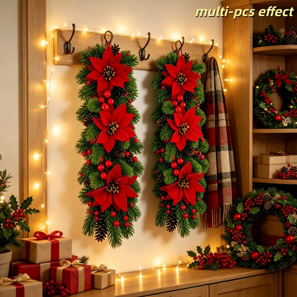 Fiori di Poinsettia Artificiali per Natale, Decorazioni Festive con Rami di Pino Artificiali per Porte e Finestre di Natale