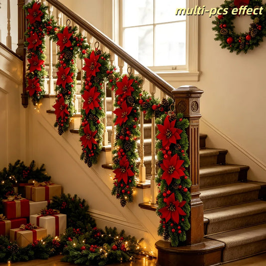Fiori di Poinsettia Artificiali per Natale, Decorazioni Festive con Rami di Pino Artificiali per Porte e Finestre di Natale