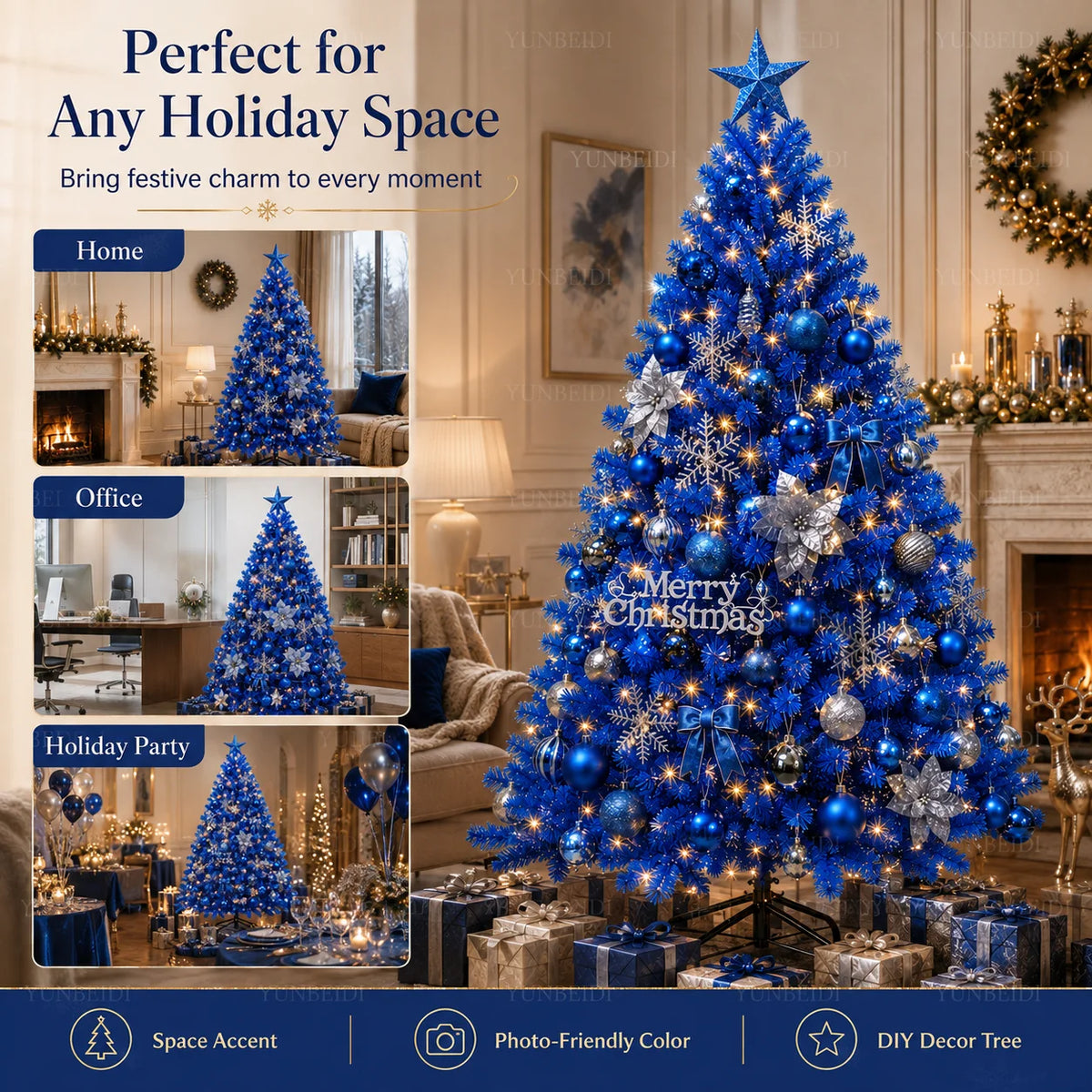 Lussuoso Albero di Natale Blu Artificiale con Rami in PVC e Luci LED Calde, Tema Neve, per Decorazioni Natalizie e Feste in Casa