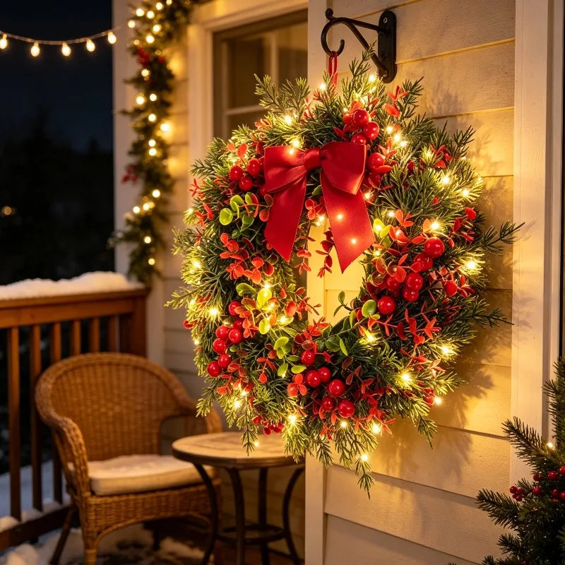 Ghirlanda Natalizia Luminosa di Pino ed Eucalipto, Ghirlanda Artificiale con Bacche Rosse per Decorazione di Portici, Case di Campagna e Feste Natalizie