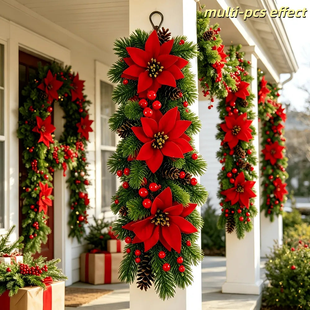 Fiori di Poinsettia Artificiali per Natale, Decorazioni Festive con Rami di Pino Artificiali per Porte e Finestre di Natale