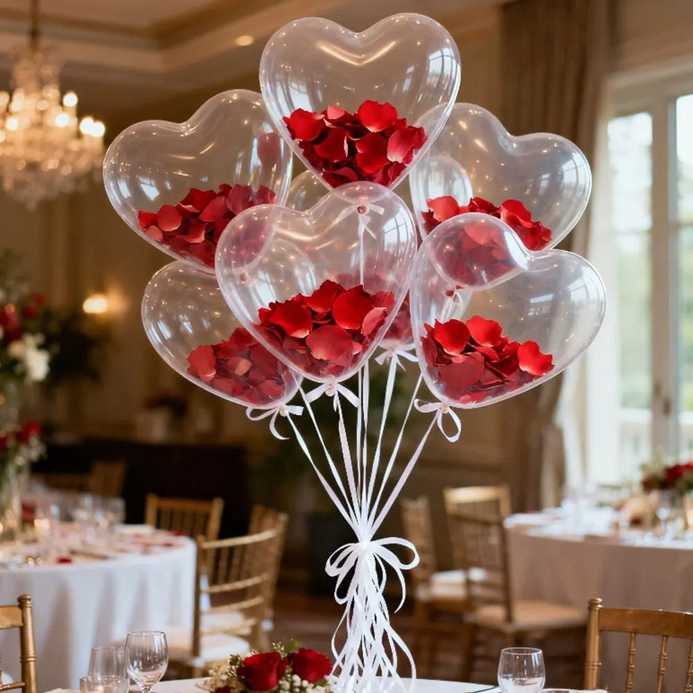 1 set di palloncini a forma di cuore decorati con petali di rosa rossa e nastri bianchi, perfetti per decorare compleanni, matrimoni, anniversari, addio al nubilato, celebrazioni di Capodanno e feste di San Valentino