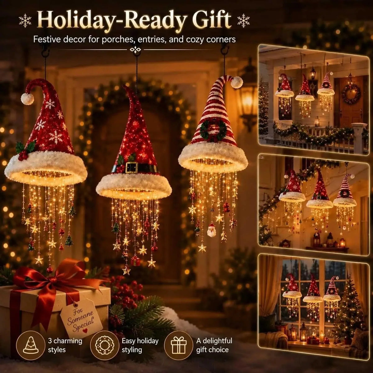 Lampadario a Forma di Cappello di Babbo Natale Illuminato - Decorazioni Natalizie a LED Calde e Luminose, 5 Stili per Decorazioni Festive