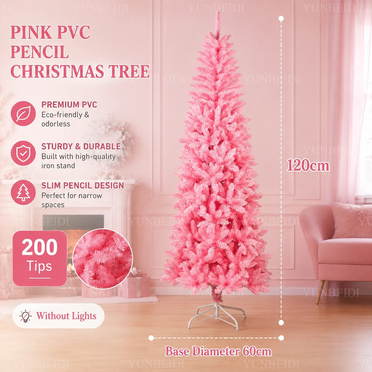 Albero di Natale Rosa a Forma di Matita, Albero Artificiale Sottile in PVC, 120-210 cm, Supporto in Metallo Bianco Opzionale, Decorazione Natalizia con LED USB Bianco Caldo
