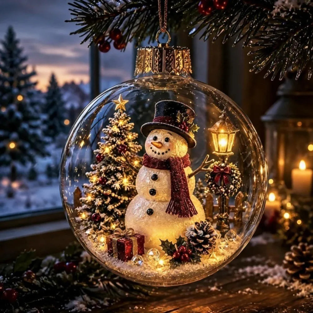 Palla di Natale in Acrilico con Luce, Design Trasparente, Decorazione Natalizia da Appendere, Dimensione 8CM, Pendente Babbo Natale