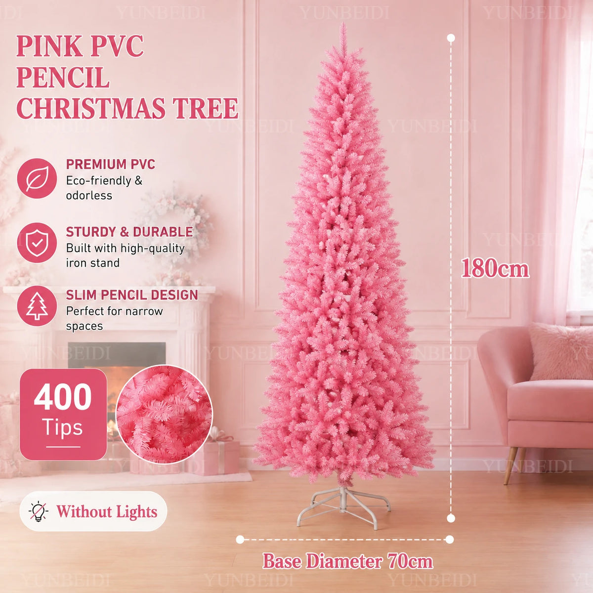 Albero di Natale Rosa a Forma di Matita, Albero Artificiale Sottile in PVC, 120-210 cm, Supporto in Metallo Bianco Opzionale, Decorazione Natalizia con LED USB Bianco Caldo