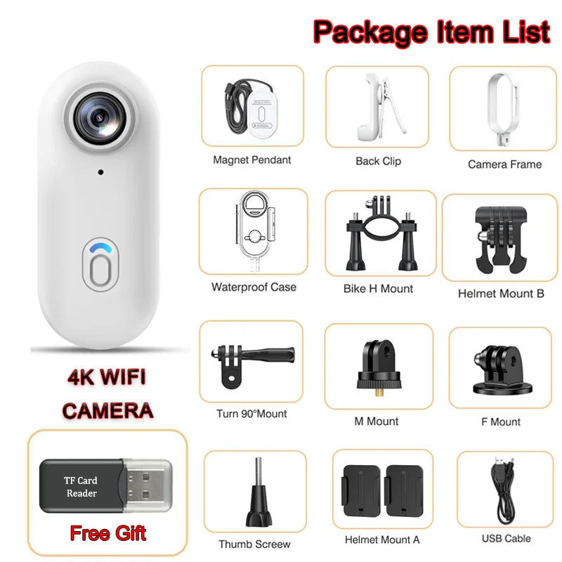 Videocamera d'Azione 4K Mini HD WiFi 2.4G Impermeabile con Clip Magnetica, Telecamera POV Indossabile per Moto e Corpo