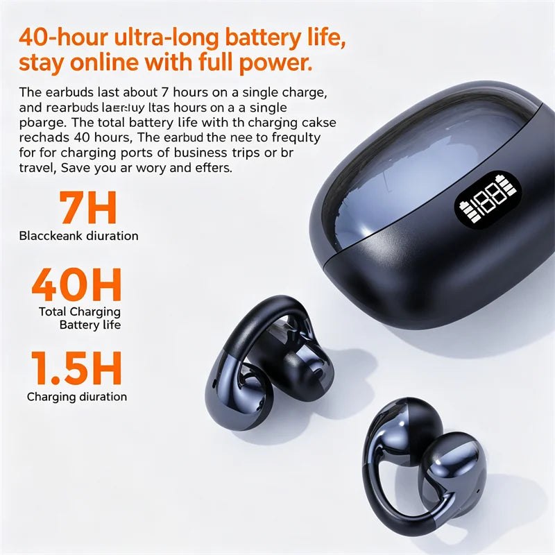 "Auricolari Bluetooth Open-Style con Display di Carica — Clip Lunga Batteria"