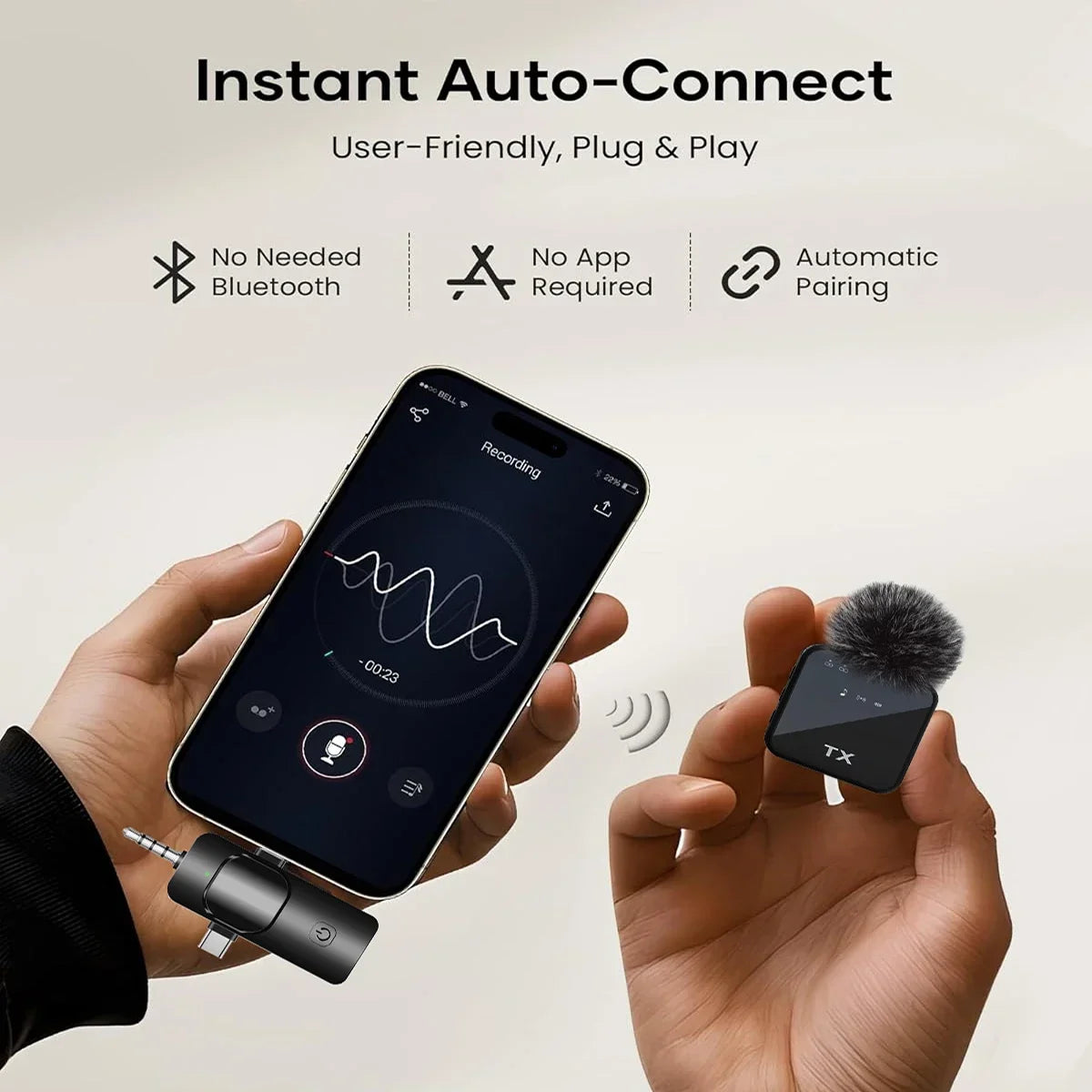 Microfono 3in1 per iPhone/Android, wireless, trasmissione da 328 piedi, mini microfono per interviste registrate