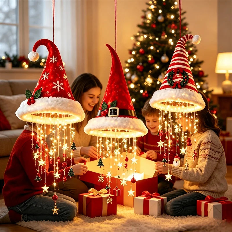 Lampadario a Forma di Cappello di Babbo Natale Illuminato - Decorazioni Natalizie a LED Calde e Luminose, 5 Stili per Decorazioni Festive