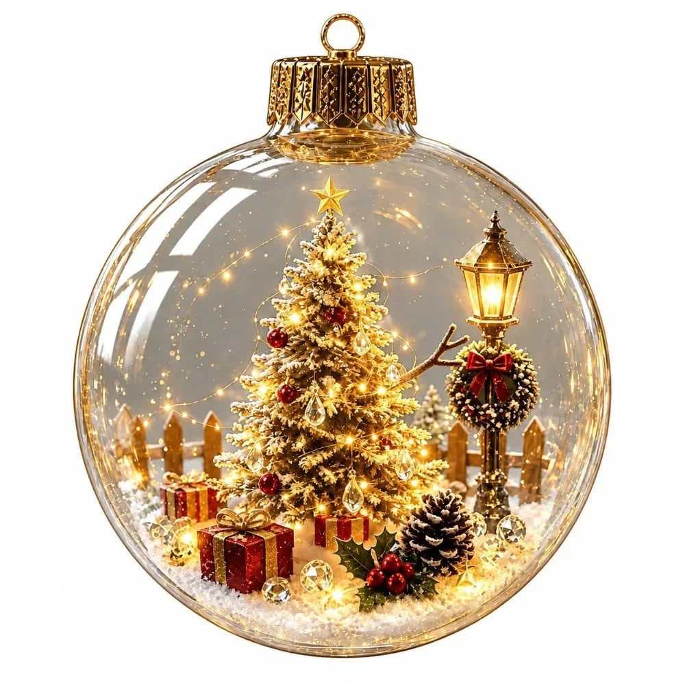 1 pezzo di ornamento natalizio a forma di palla in acrilico da 8 cm, design trasparente con ciondolo luminoso di Babbo Natale, decorazione natalizia da appendere.