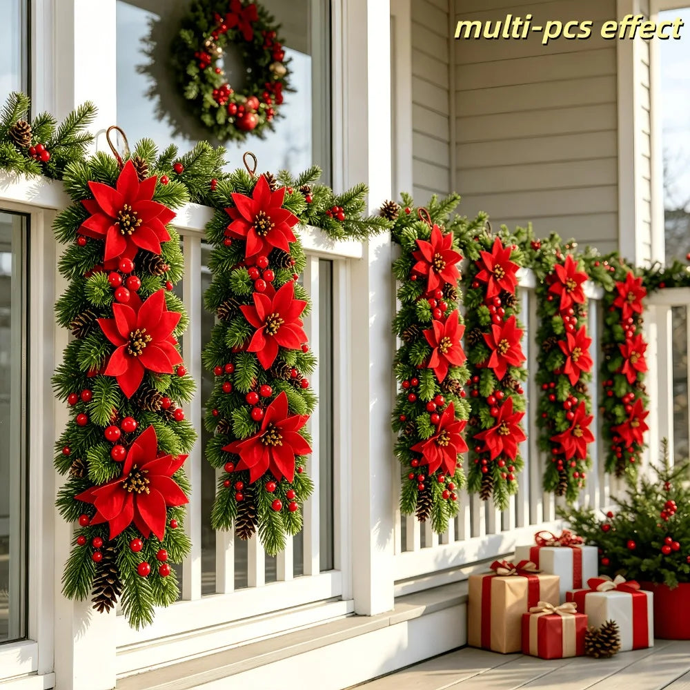 Fiori di Poinsettia Artificiali per Natale, Decorazioni Festive con Rami di Pino Artificiali per Porte e Finestre di Natale