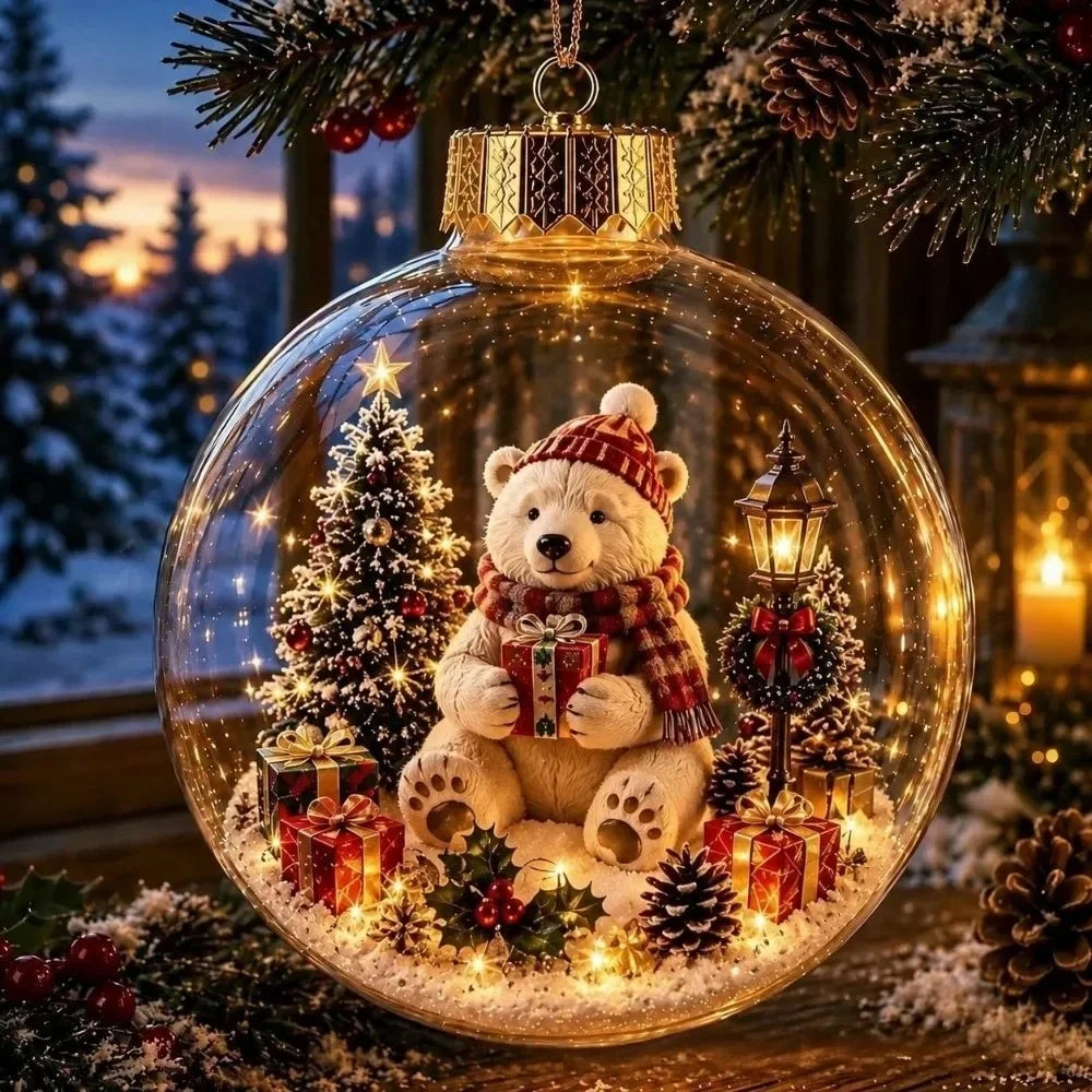 1 pezzo di ornamento natalizio a forma di palla in acrilico da 8 cm, design trasparente con ciondolo luminoso di Babbo Natale, decorazione natalizia da appendere.