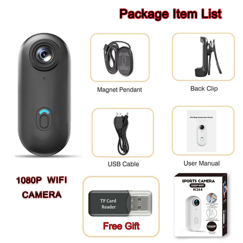 Videocamera d'Azione 4K Mini HD WiFi 2.4G Impermeabile con Clip Magnetica, Telecamera POV Indossabile per Moto e Corpo