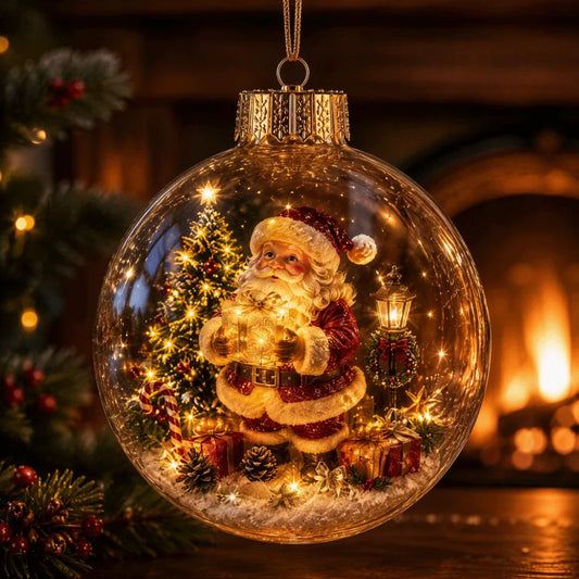 Palla di Natale in Acrilico Trasparente, Dimensione 8CM, Decorazione Natalizia da Appendere con Luce e Ciondolo Babbo Natale