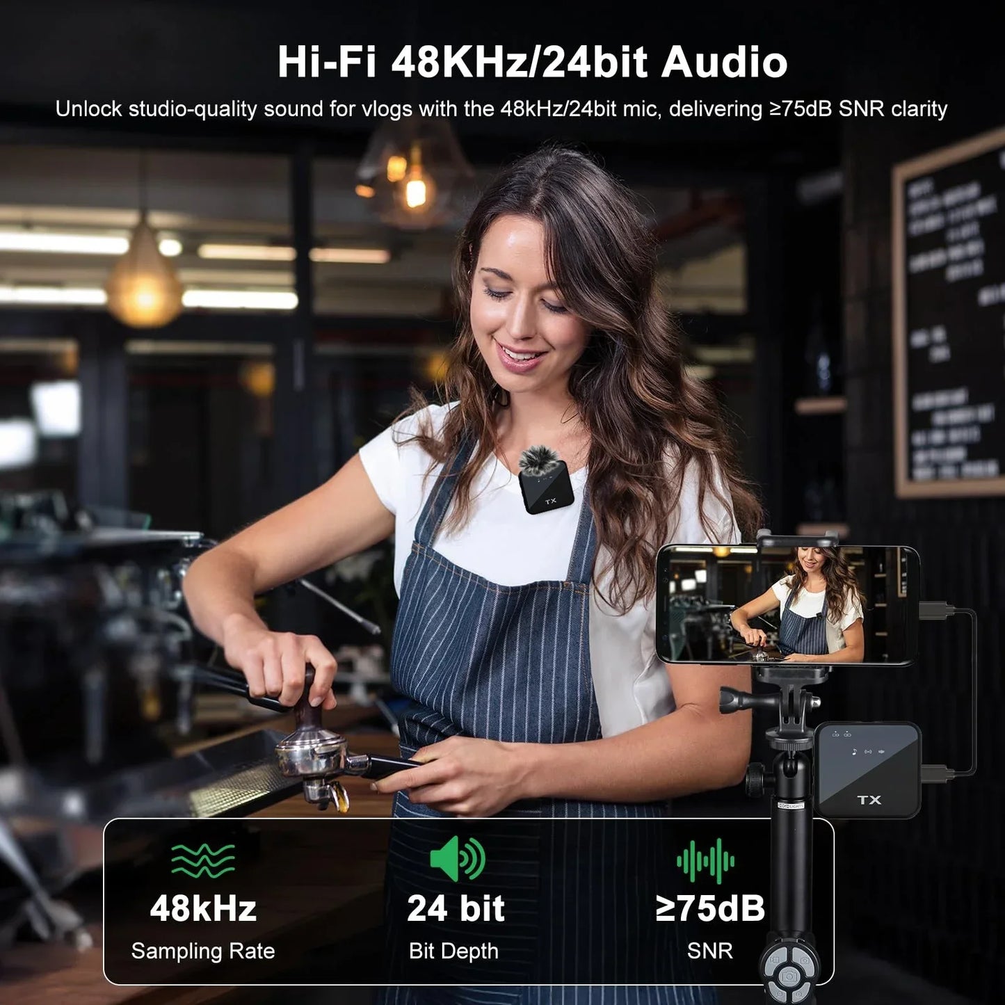 Microfono 3in1 per iPhone/Android, wireless, trasmissione da 328 piedi, mini microfono per interviste registrate