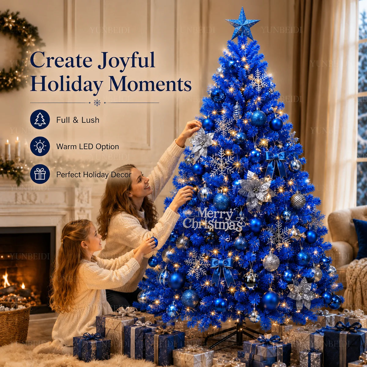 Lussuoso Albero di Natale Blu Artificiale con Rami in PVC e Luci LED Calde, Tema Neve, per Decorazioni Natalizie e Feste in Casa