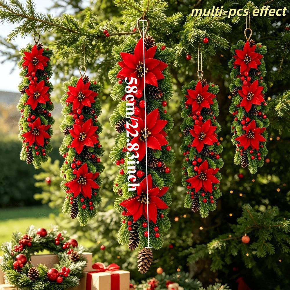 Fiori di Poinsettia Artificiali per Natale, Decorazioni Festive con Rami di Pino Artificiali per Porte e Finestre di Natale