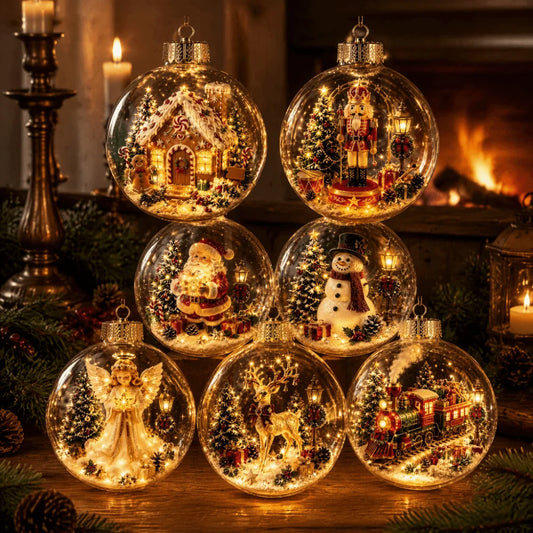 Palla di Natale in Acrilico Trasparente, Dimensione 8CM, Decorazione Natalizia da Appendere con Luce e Ciondolo Babbo Natale