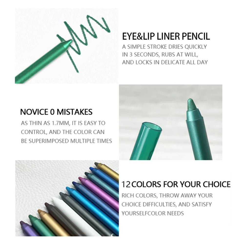 Set da 12 penne per eyeliner impermeabili con effetti scintillanti: include ombretto, evidenziatore durevole e facile da colorare