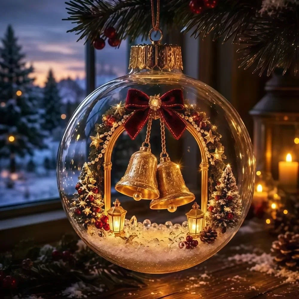 1 pezzo di ornamento natalizio a forma di palla in acrilico da 8 cm, design trasparente con ciondolo luminoso di Babbo Natale, decorazione natalizia da appendere.