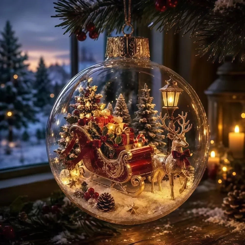 1 pezzo di ornamento natalizio a forma di palla in acrilico da 8 cm, design trasparente con ciondolo luminoso di Babbo Natale, decorazione natalizia da appendere.
