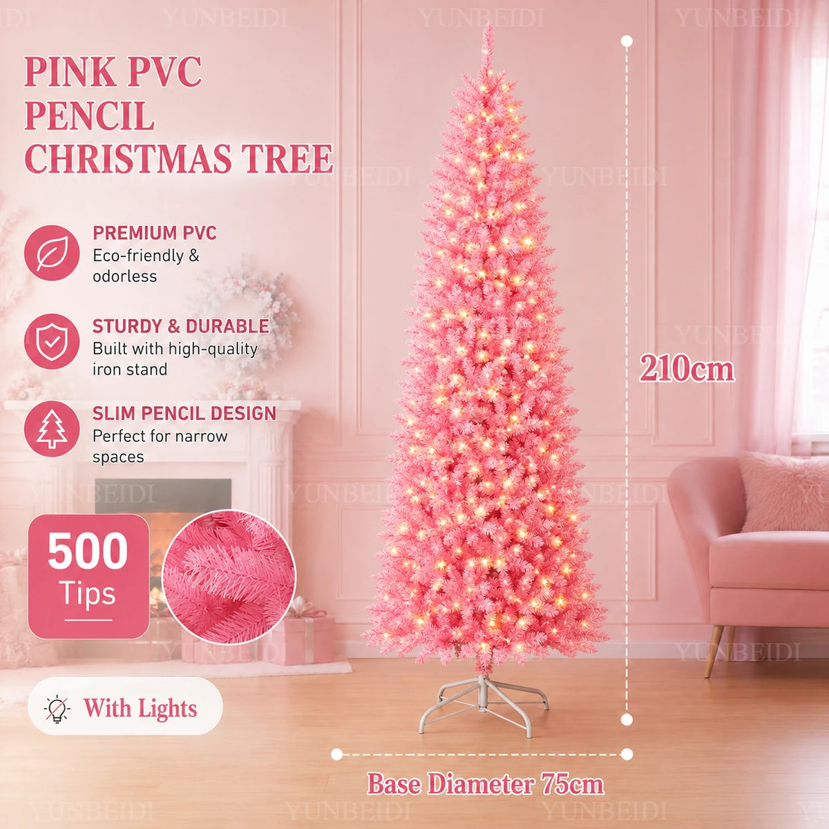 Albero di Natale Rosa a Forma di Matita, Albero Artificiale Sottile in PVC, 120-210 cm, Supporto in Metallo Bianco Opzionale, Decorazione Natalizia con LED USB Bianco Caldo