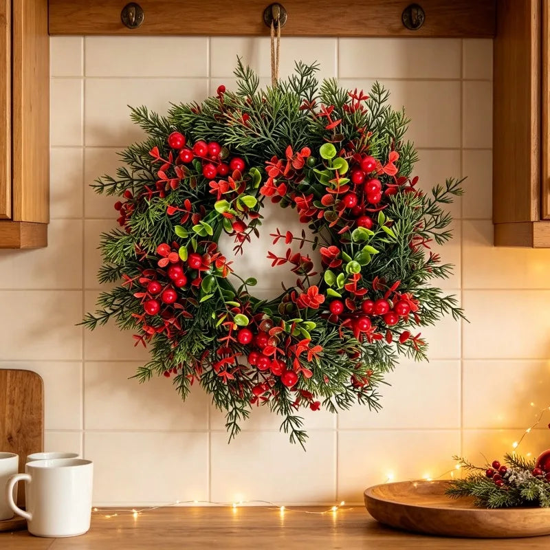 Ghirlanda Natalizia Luminosa di Pino ed Eucalipto, Ghirlanda Artificiale con Bacche Rosse per Decorazione di Portici, Case di Campagna e Feste Natalizie