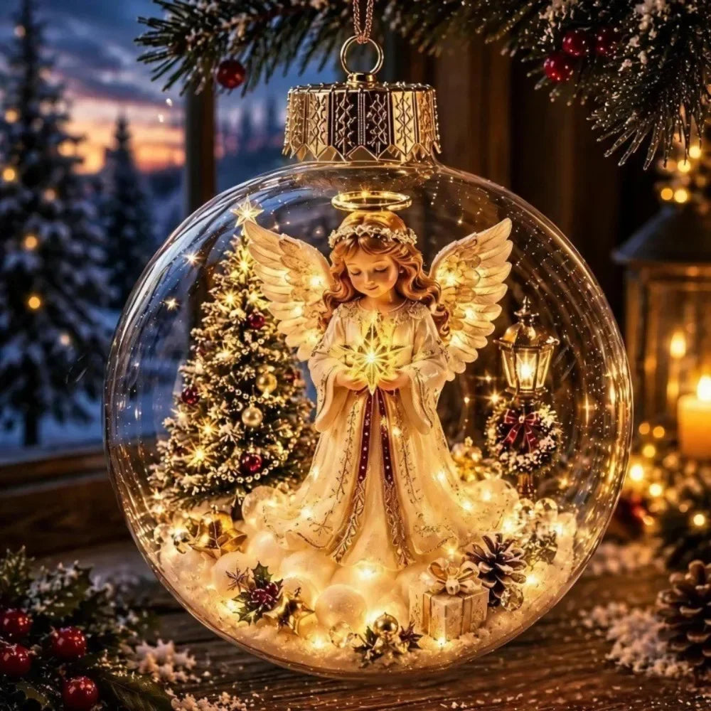 1 pezzo di ornamento natalizio a forma di palla in acrilico da 8 cm, design trasparente con ciondolo luminoso di Babbo Natale, decorazione natalizia da appendere.