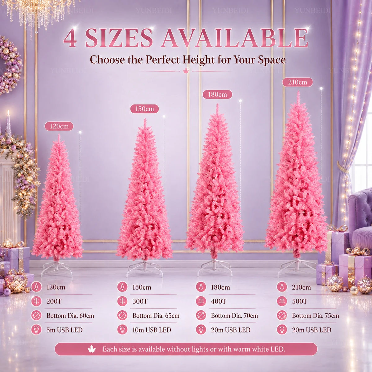 Albero di Natale Rosa a Forma di Matita, Albero Artificiale Sottile in PVC, 120-210 cm, Supporto in Metallo Bianco Opzionale, Decorazione Natalizia con LED USB Bianco Caldo