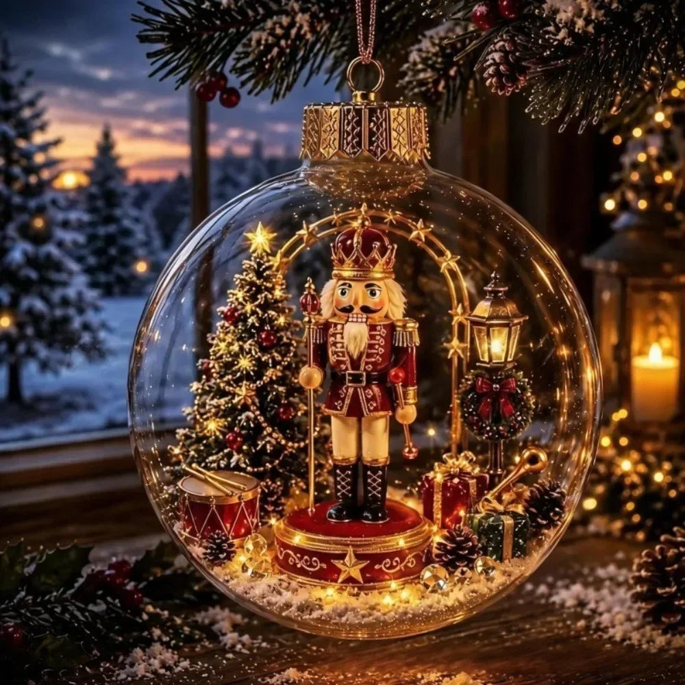1 pezzo di ornamento natalizio a forma di palla in acrilico da 8 cm, design trasparente con ciondolo luminoso di Babbo Natale, decorazione natalizia da appendere.