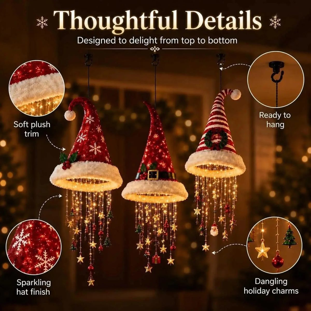Lampadario a Forma di Cappello di Babbo Natale Illuminato - Decorazioni Natalizie a LED Calde e Luminose, 5 Stili per Decorazioni Festive