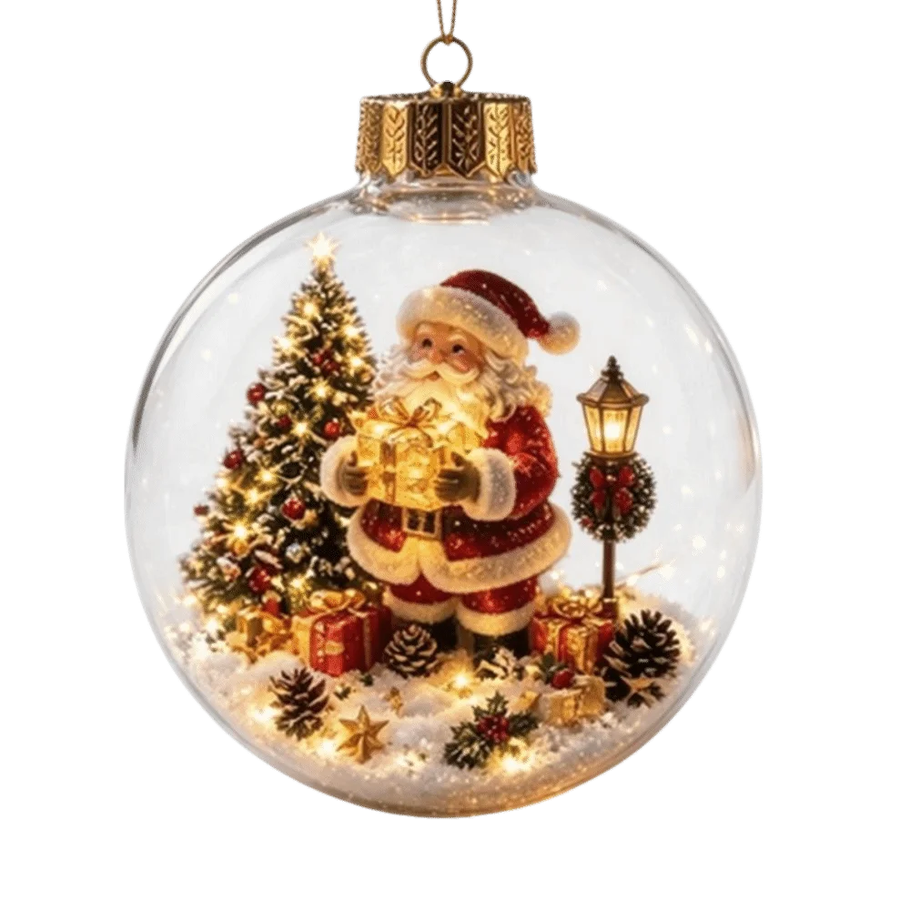 Palla di Natale in Acrilico con Luce, Design Trasparente, Decorazione Natalizia da Appendere, Dimensione 8CM, Pendente Babbo Natale