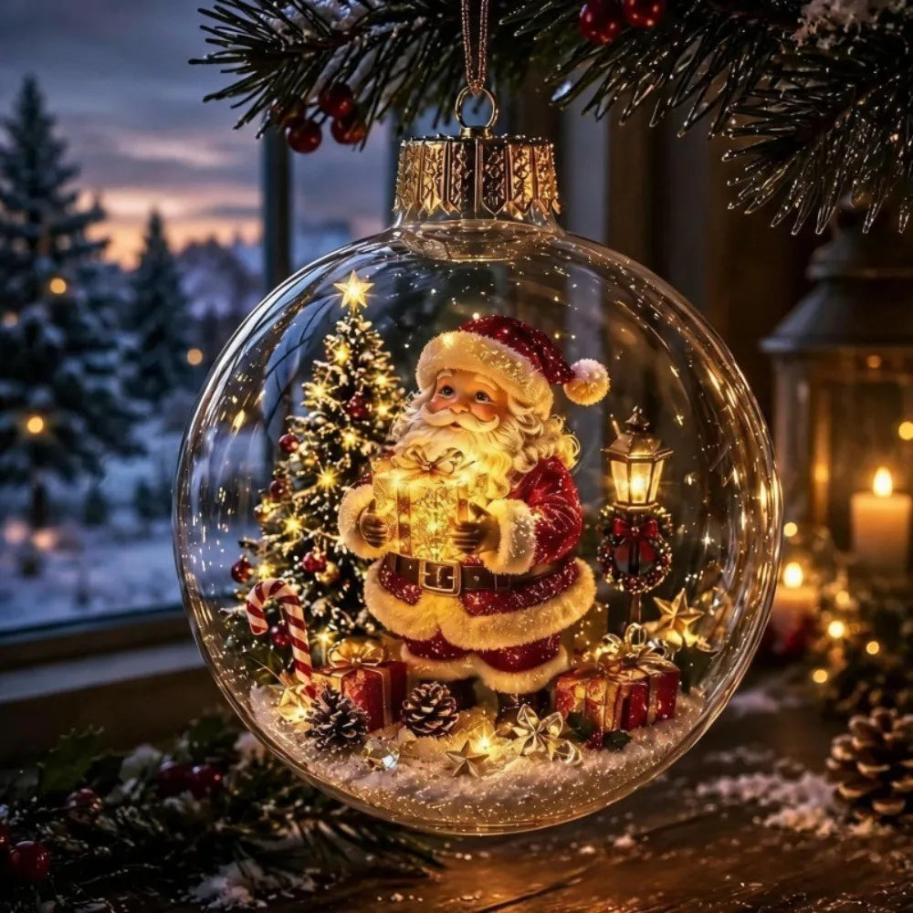 Palla di Natale in Acrilico con Luce, Design Trasparente, Decorazione Natalizia da Appendere, Dimensione 8CM, Pendente Babbo Natale